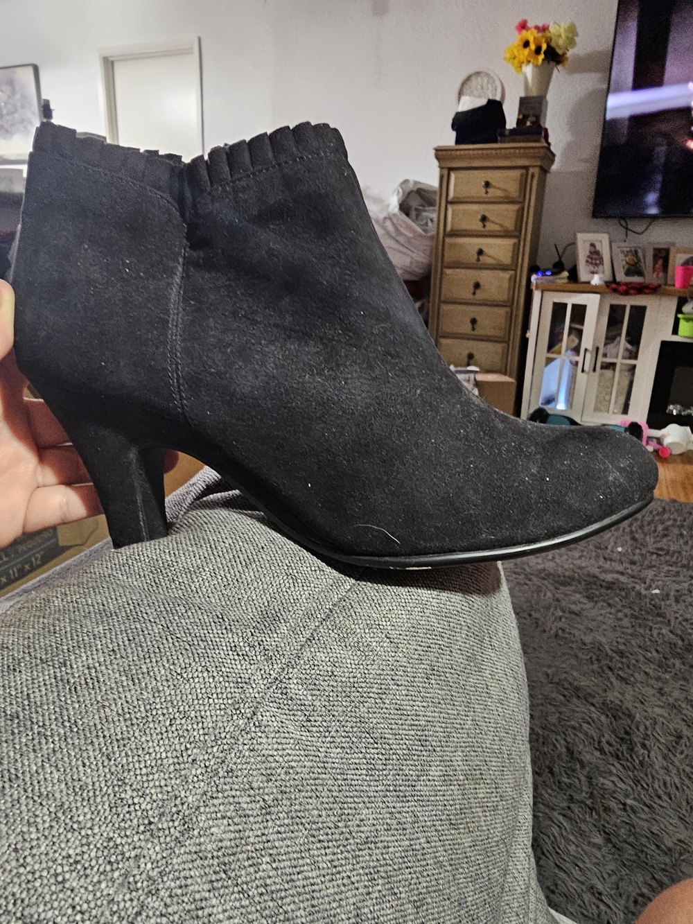 AEROSOLES Black Suede Scallop-Top Ankle Boot